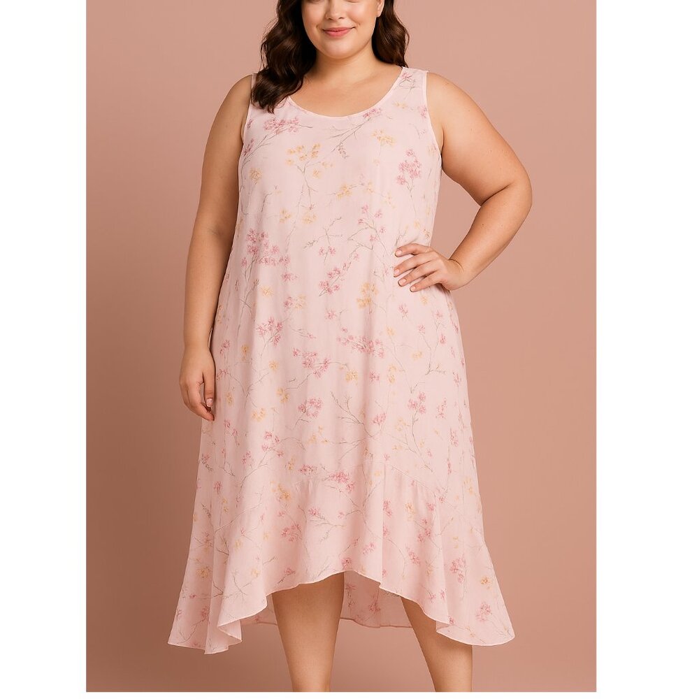 R&K Pastel Pink Floral Midi Sleeveless Ruffle Hem Dress Size 18
